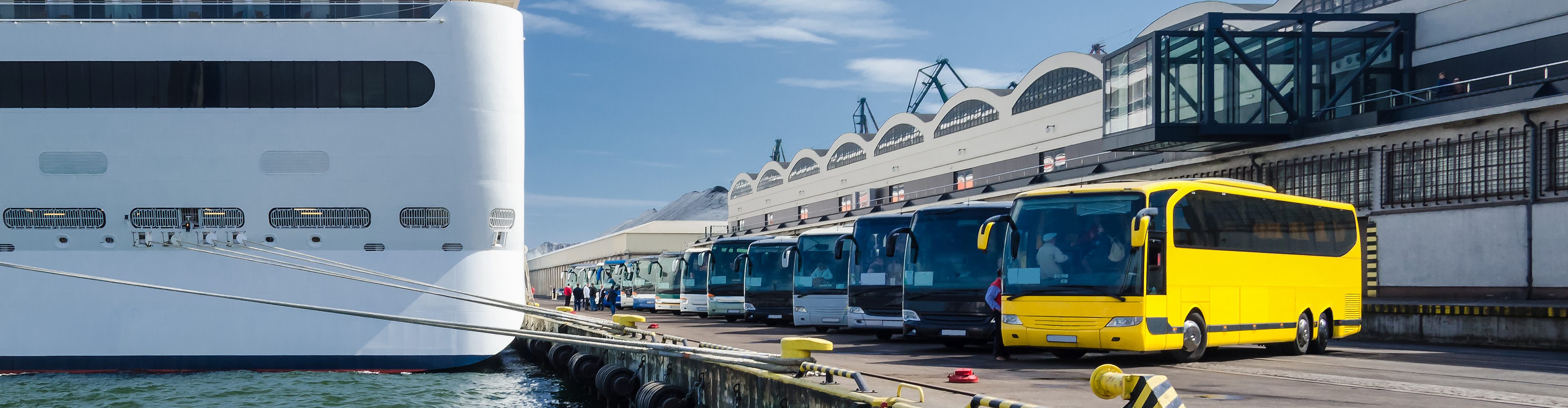 Neben einem Kreuzfahrtschiff stehen eine Reihe von Bussen bereit, um die Reisenden abzuholen.